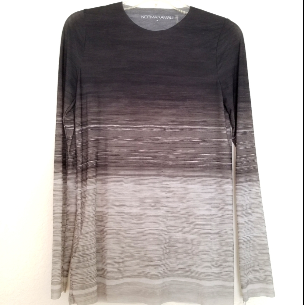 Norma Kamali Ombre Laser Cut Round Neck Long Sleeve Top Black Gray Size …